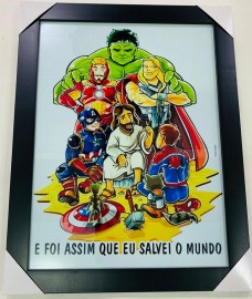 Quadro madeira com moldura e vidro individual (e foi assim que eu salvei o mundo) todos super heris 